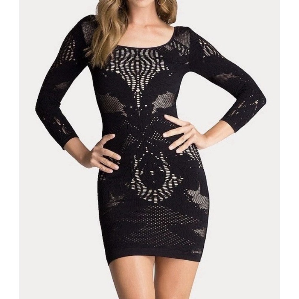 Vintage Bebe Y2K Black Nude Illusion Mesh Bodycon Dress Scoop Neck Size Petite S